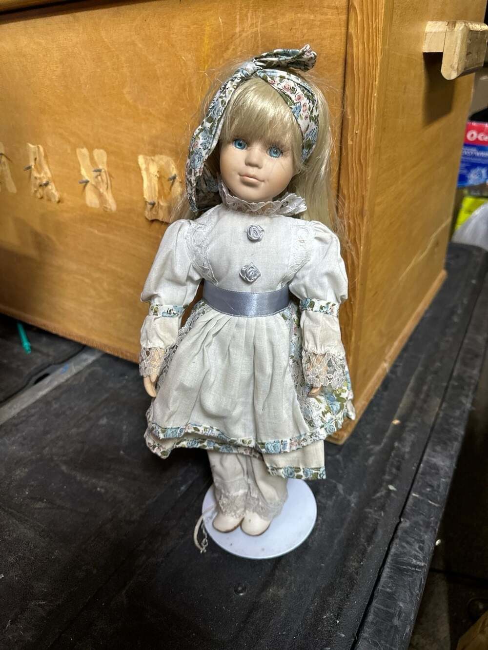 Brass Key Porcelain Doll Blonde Hair Blue Eyes White Dress Floral Trim 16"